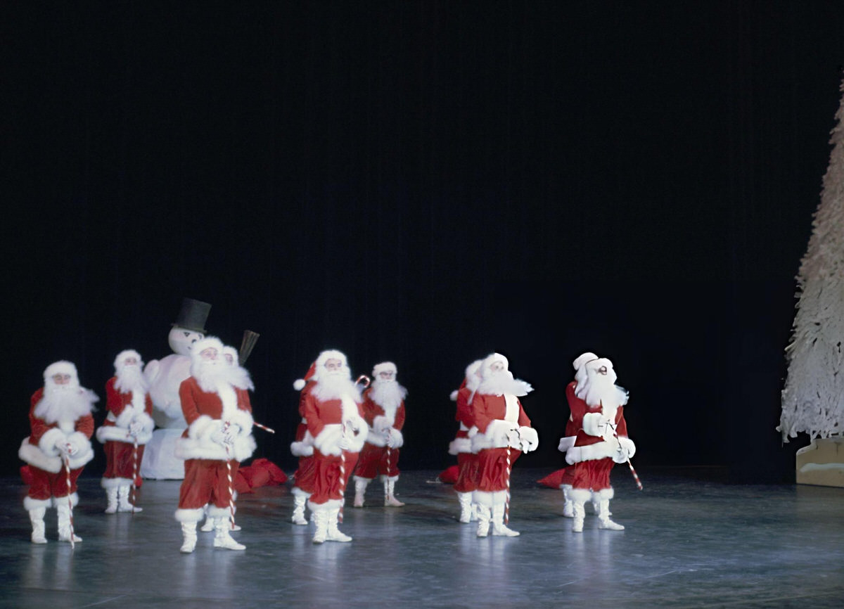 Performers Dressed As Santa Claus Dancing Onstage, Radio City Music Hall At Christmas Time, 1967.