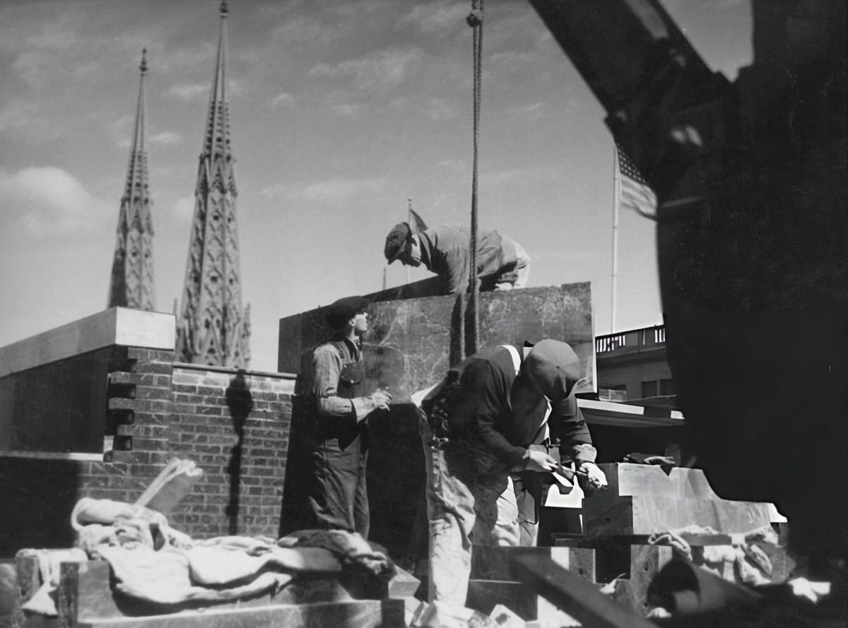 Workers During The Construction Of Radio City Music Hall With St. Patrick'S Cathedral In The Background, New York, 1929.