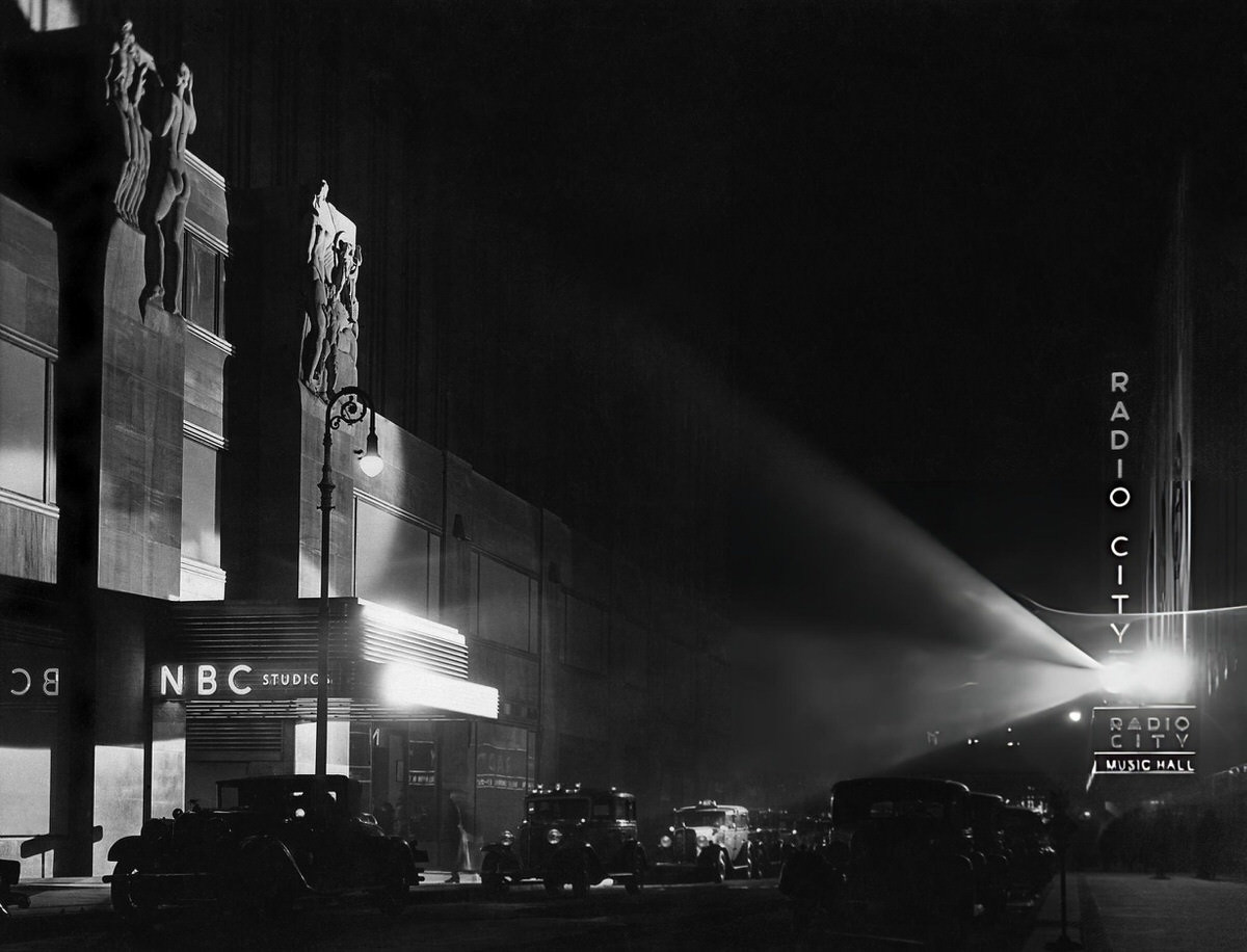 Entrance To Nbc Studios At Rockefeller Center With Radio City Music Hall Across The Street, New York, 1933.