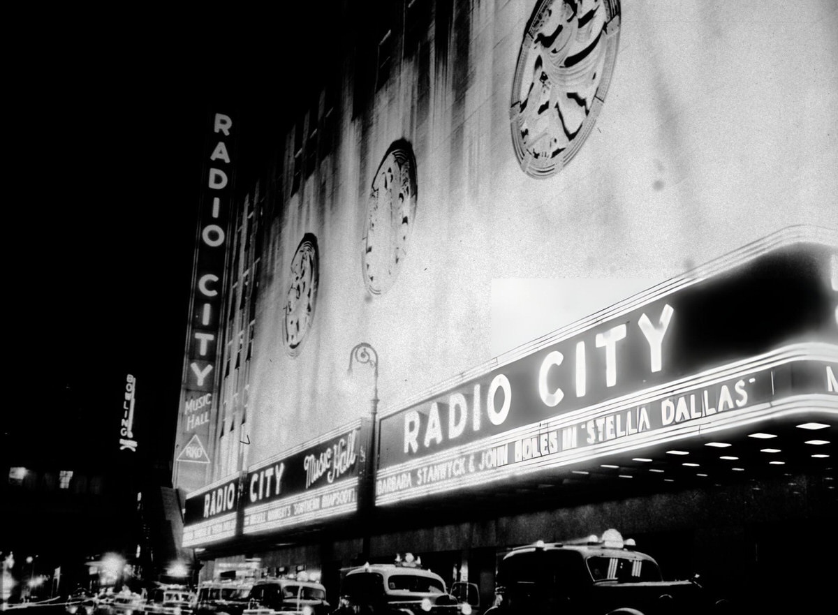 Exterior Of Radio City Music Hall With A Marquee Advertising The Film Stella Dallas, New York, 1937.