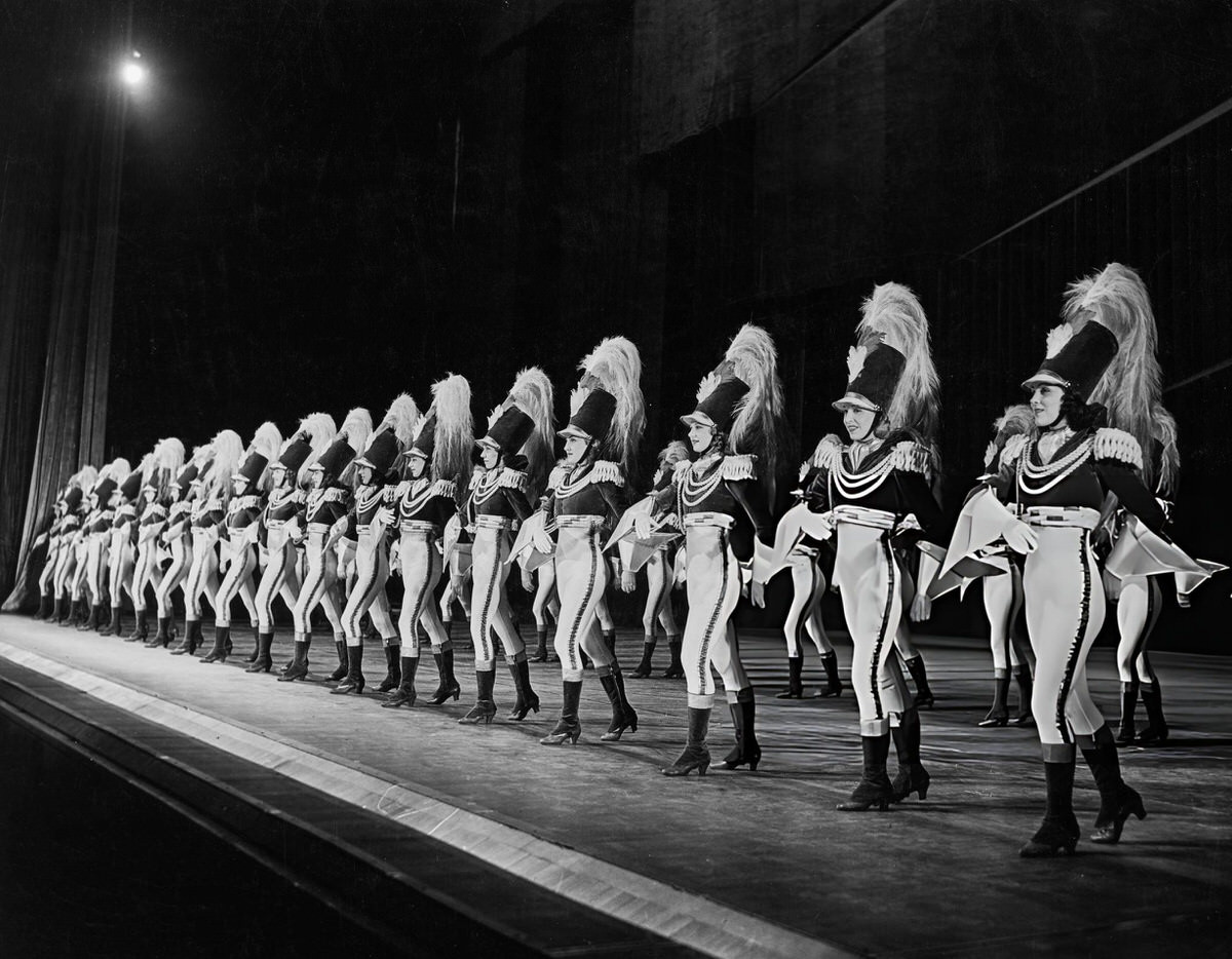 The Rockettes In Majorette Costumes On Stage At Radio City Music Hall, New York, 1940.
