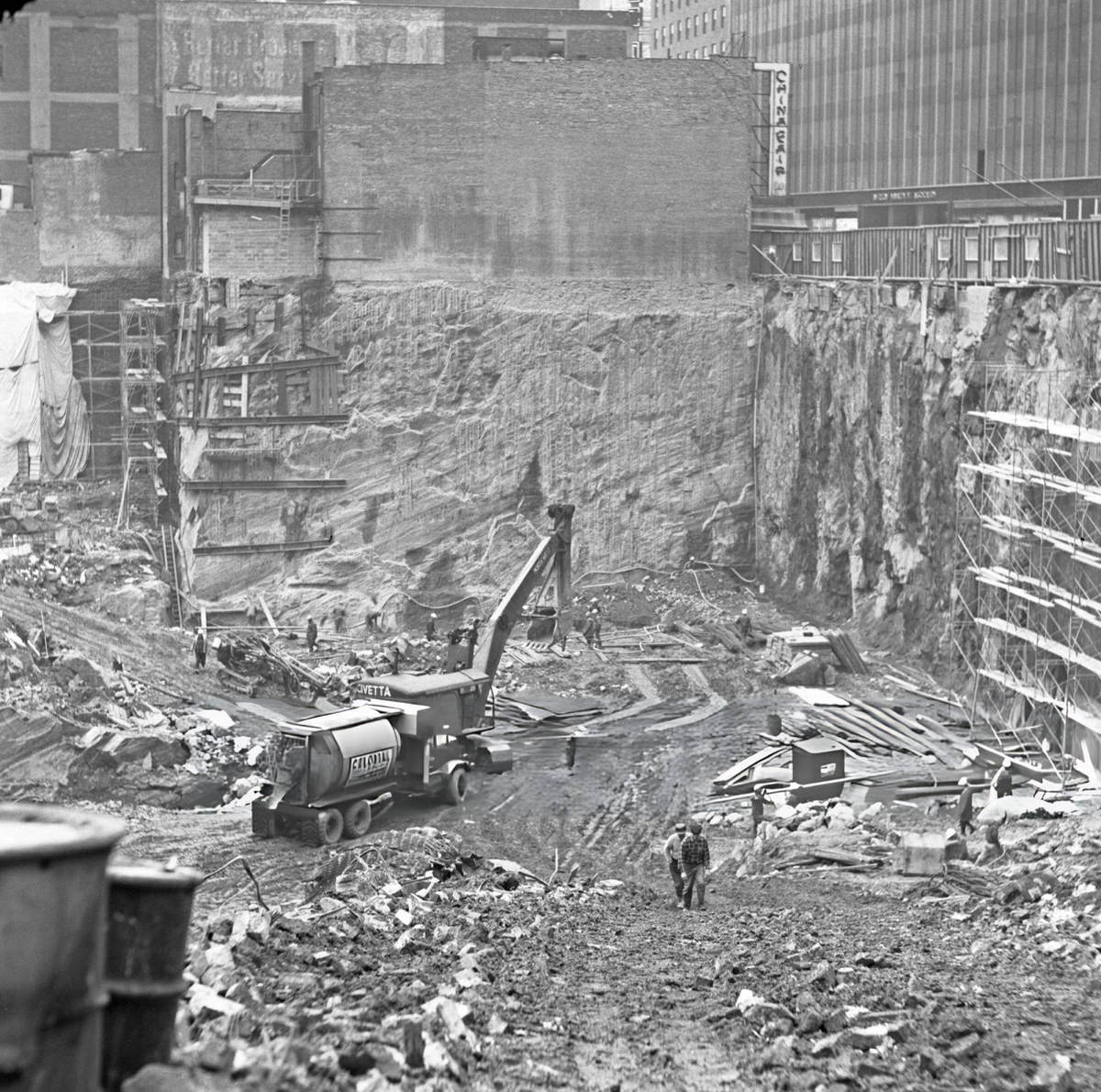 Excavation Crater At The Site Of The Demolished Singer Building, Downtown Manhattan, 1969.