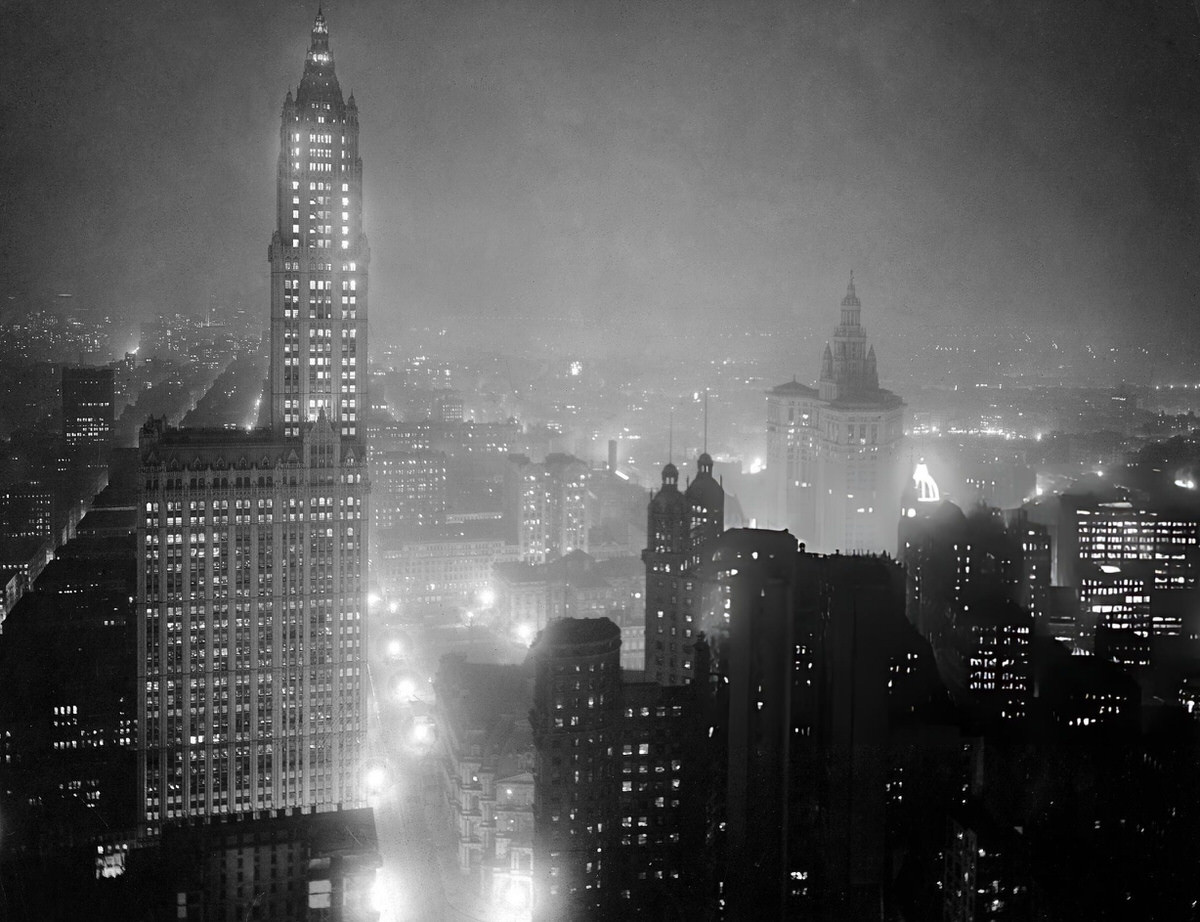 Night View From The Top Of The Singer Building Toward The Woolworth Building And Park Row Building, Manhattan, 1914.