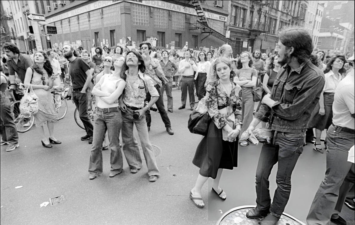 Crowd Of Onlookers Looking Up At A Soho Intersection, 1970S.
