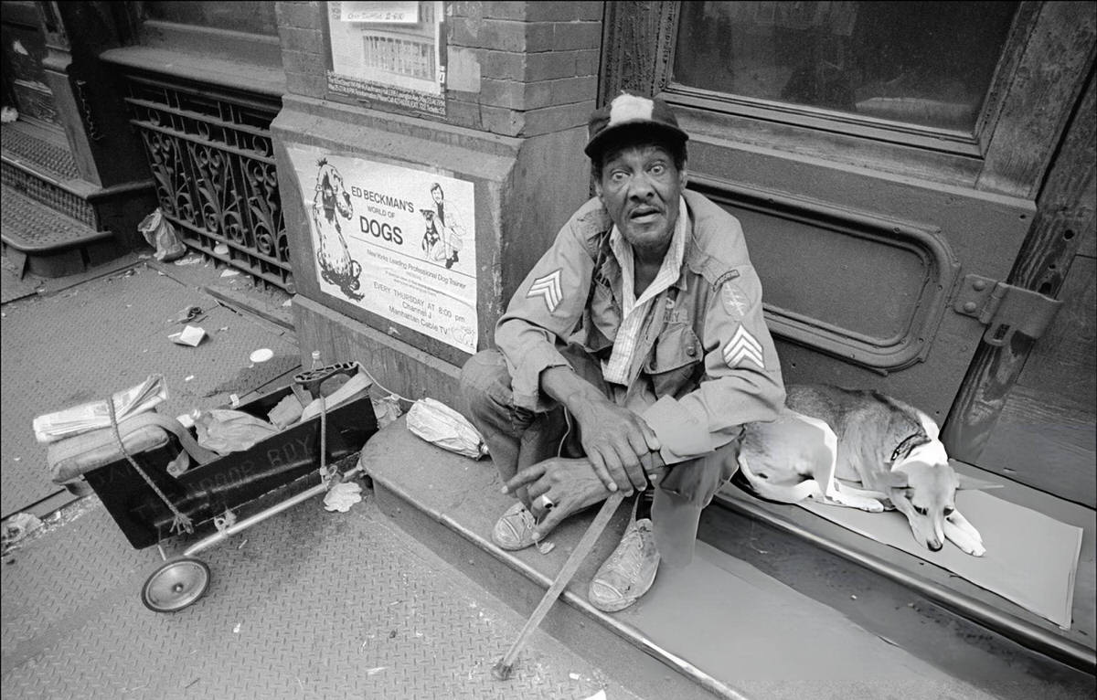 Shoeshiner Jake And His Dog Peepee On A Soho Street, 1976.