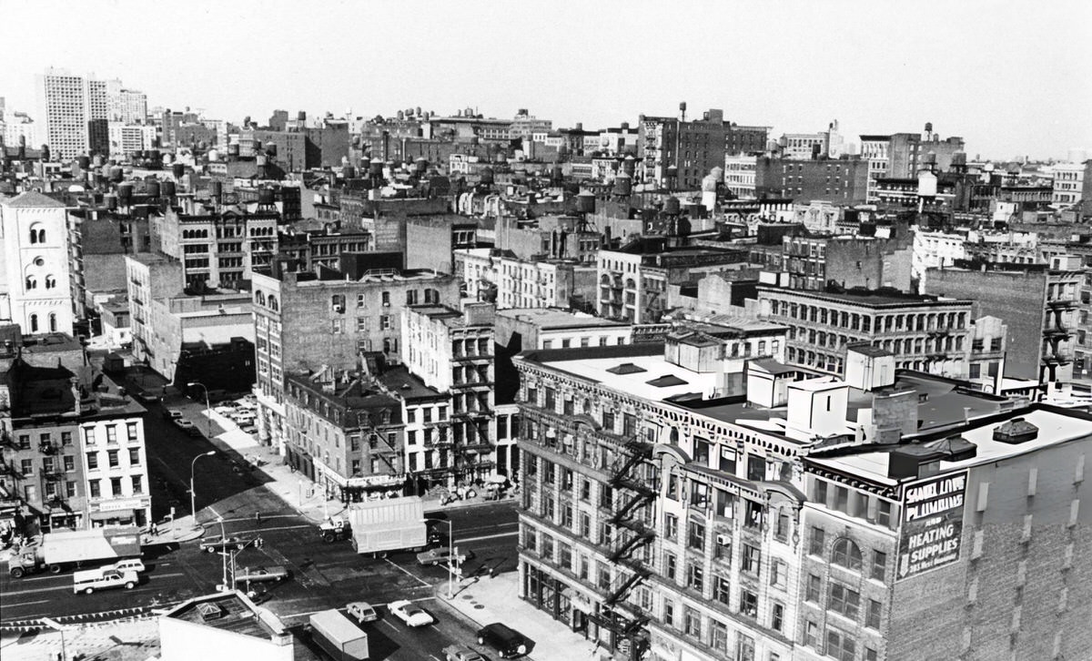 View Looking Northeast Across Soho Rooftops At Canal Street And West Broadway, 1978.