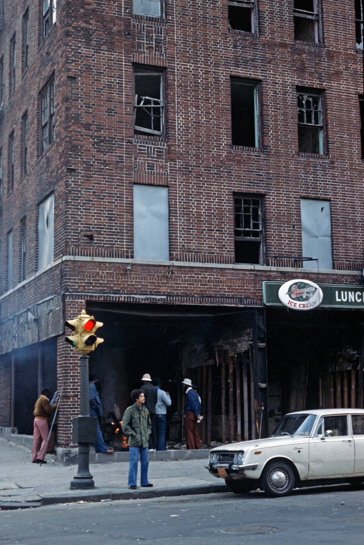 Abandoned Burnt-Out Tenement Blocks And Shops, South Bronx, 1977.