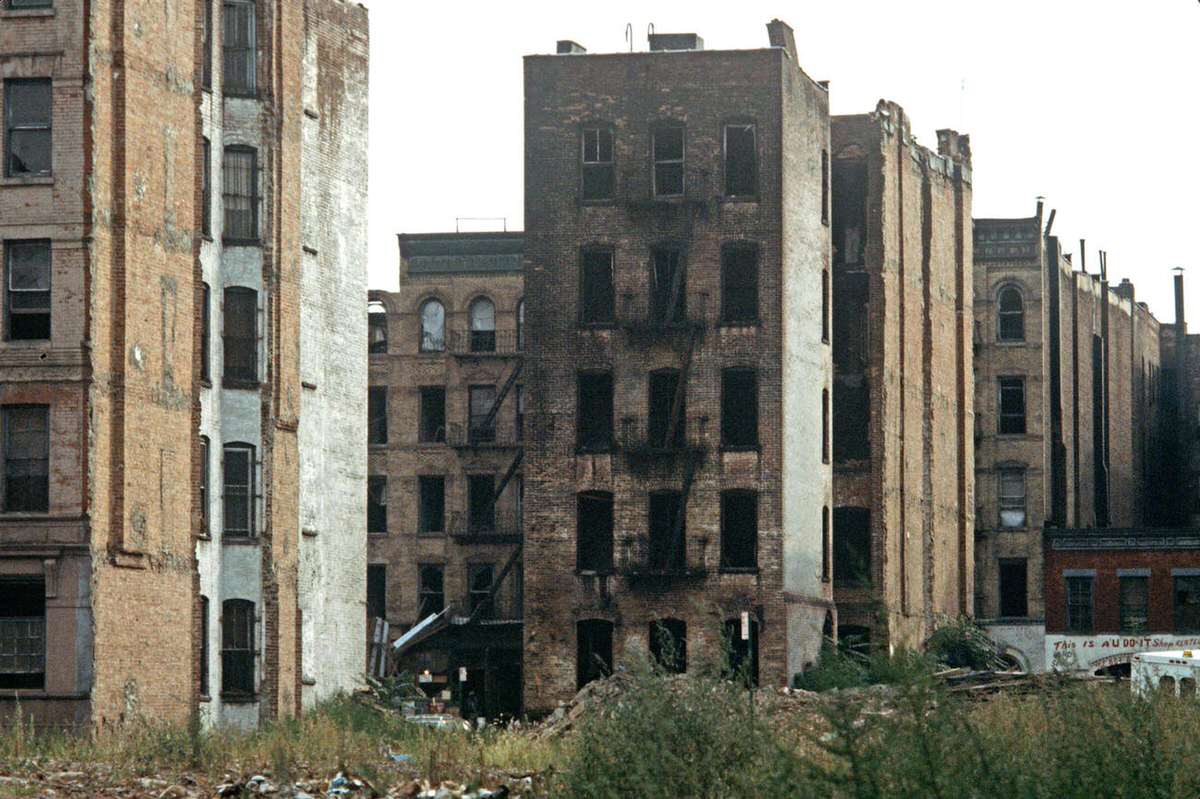 Abandoned Burnt-Out Tenement Blocks, South Bronx, 1977.
