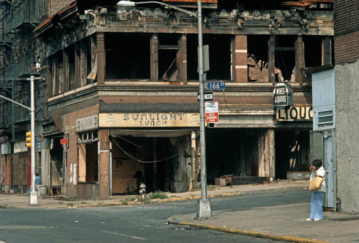 Abandoned Burnt-Out Tenement Blocks And Shops, South Bronx, 1977.