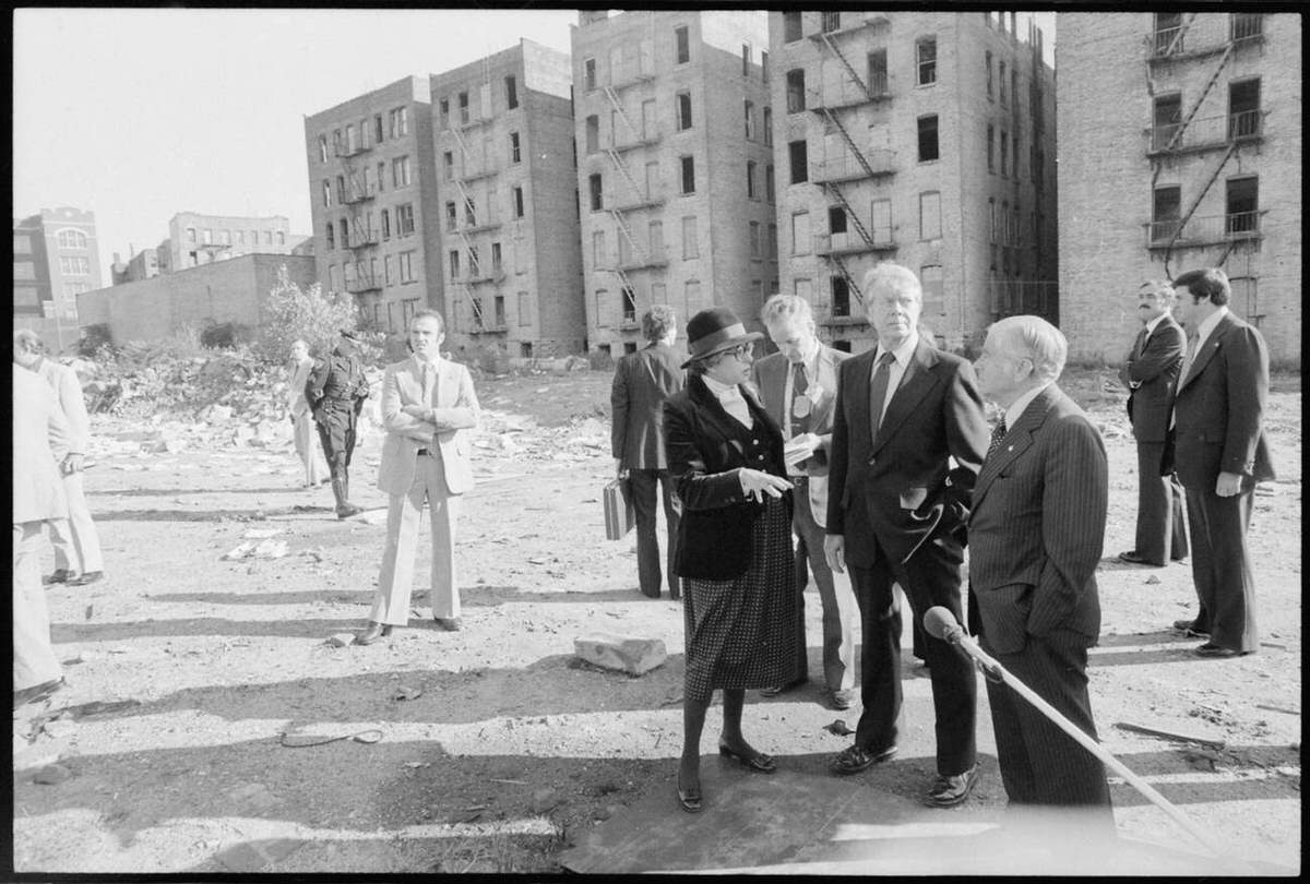 Patricia Harris, Jimmy Carter, And Mayor Abraham Beame Examining Housing Conditions, South Bronx, 1977.
