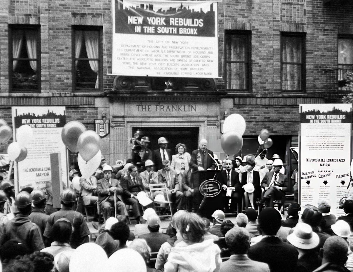 Mayor Ed Koch Speaking At A Ceremony For A Job Corps Training Site In The South Bronx.