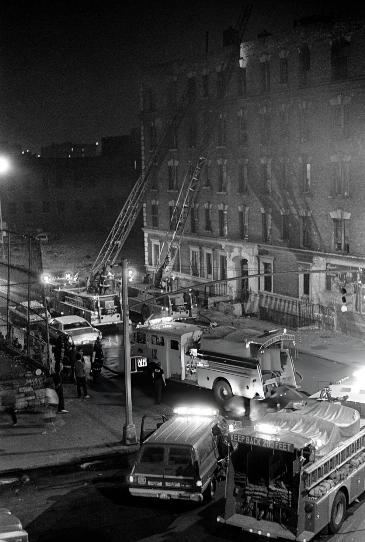Fire Department Trucks At The Intersection Of Fox Street And Longwood Avenue During A Fire At 800 Fox Street, South Bronx, 1984.