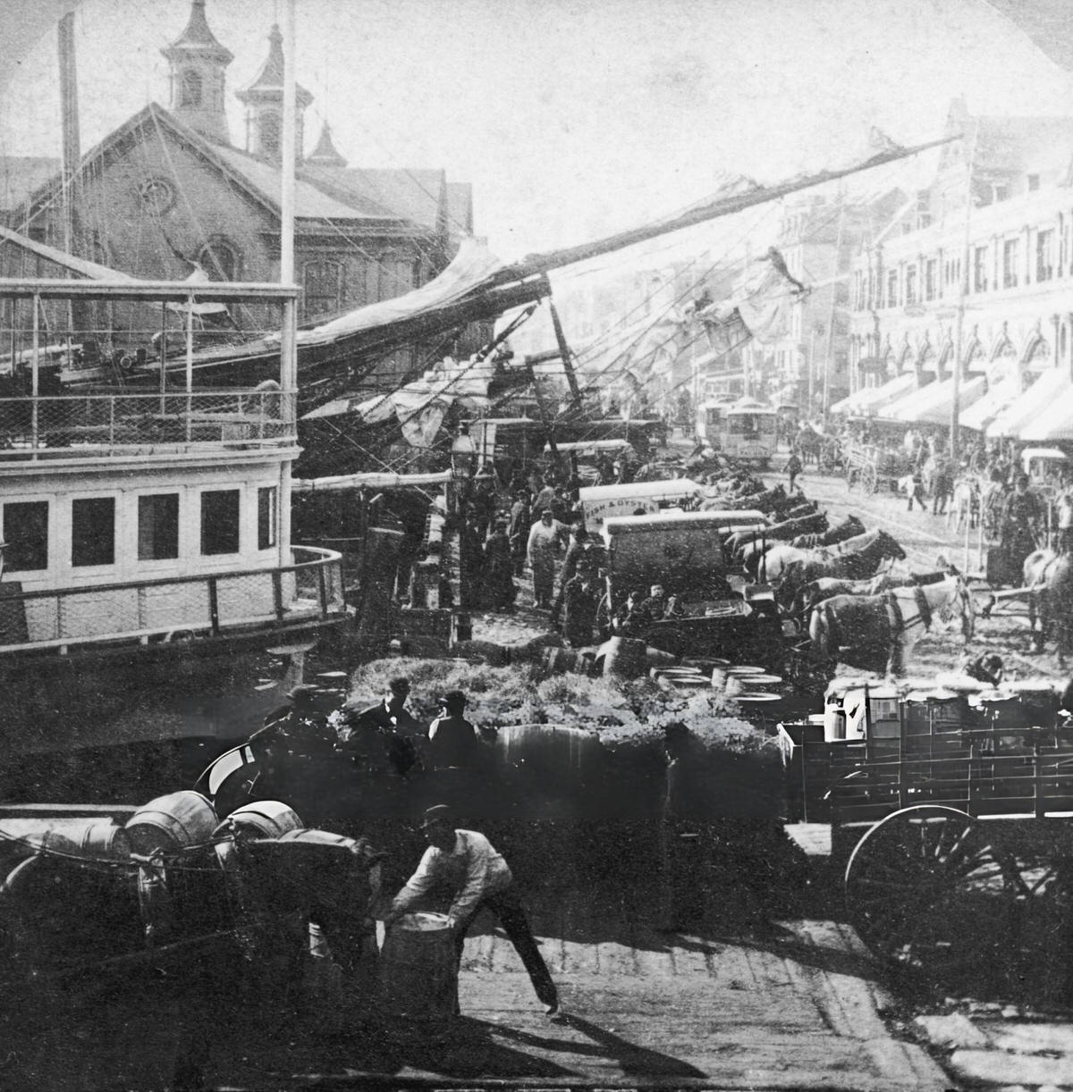 Workers Unloading Barrels From Ships Docked Along South Street, New York, 1880S.