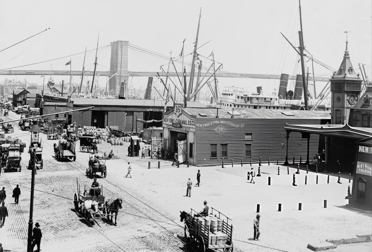 South Street And The Brooklyn Bridge, New York, 1900.