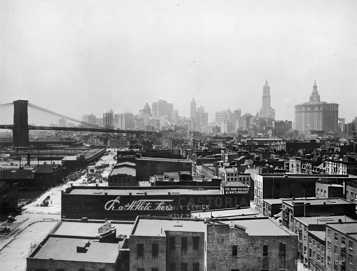 South Street Seaport Buildings And The Brooklyn Bridge With The Lower Manhattan Skyline, 1920.