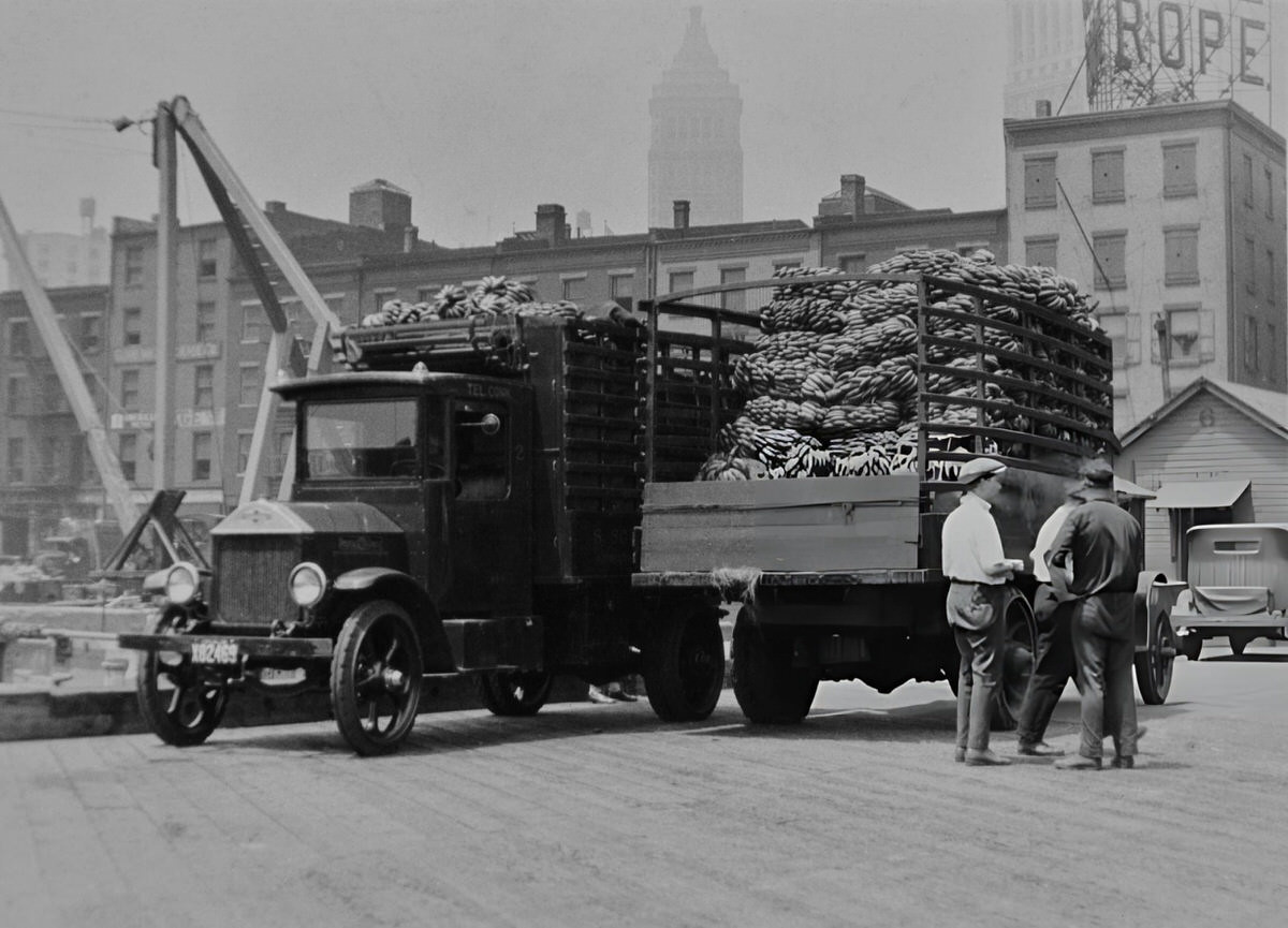 Men With Trucks Loaded With Bananas At South Street Seaport, New York, 1926.