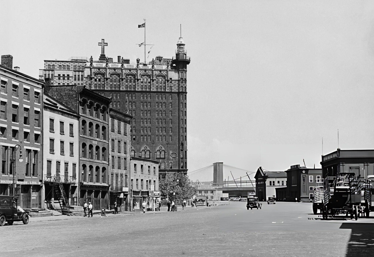 View Looking North Along South Street Toward The Seamen'S Church Institute And Brooklyn Bridge, Lower Manhattan, 1930S.