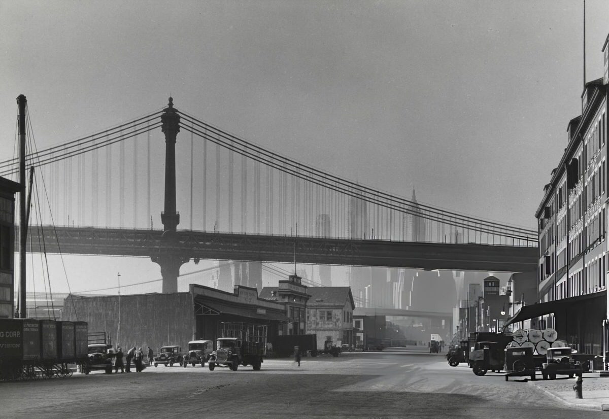 South Street Showing The Manhattan Bridge, Brooklyn Bridge, And Lower Manhattan Skyline, 1933.
