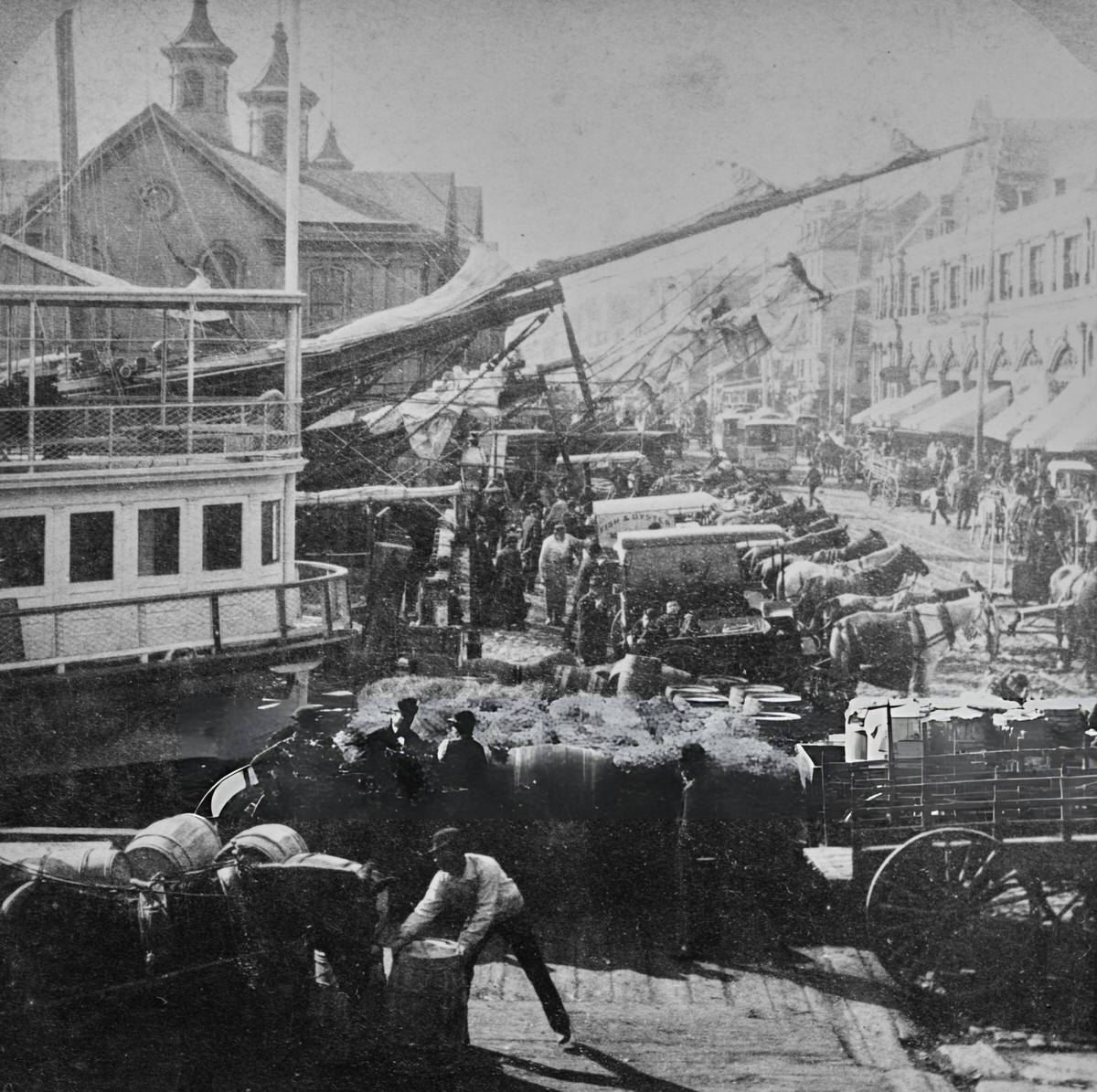 Workers Unloading Barrels From Ships With Horse-Drawn Carriages Parked On South Street, New York, 1880S.