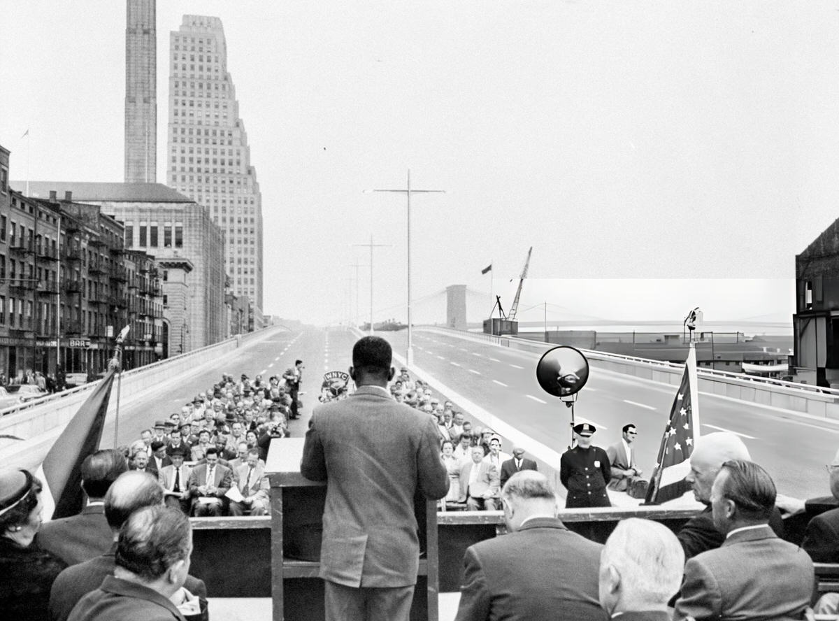 Borough President Hulan Jack Addressing A Crowd At The Opening Of The South Street Viaduct, 1954.