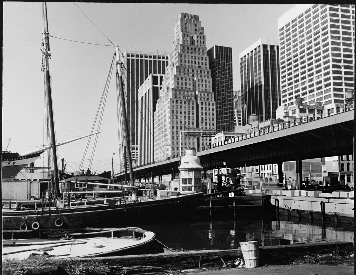 View Looking South From Pier 17 At South Street Seaport With The Titanic Memorial Lighthouse, New York, 1975.