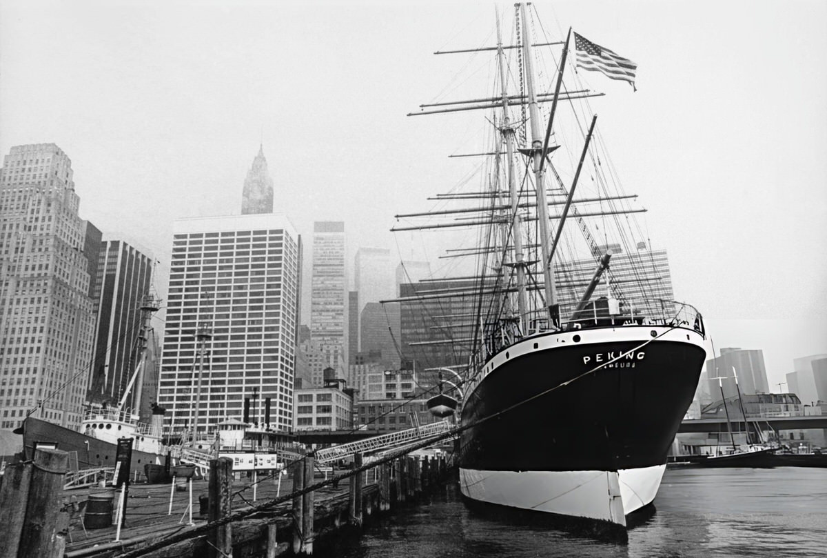 The Barque Peking Berthed At The South Street Seaport Museum, Lower Manhattan, 1975.
