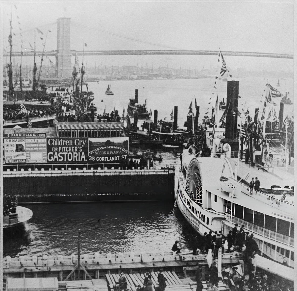 Passengers Boarding A Steamboat At The Foot Of Wall Street Near South Street Seaport, Manhattan, 1889.