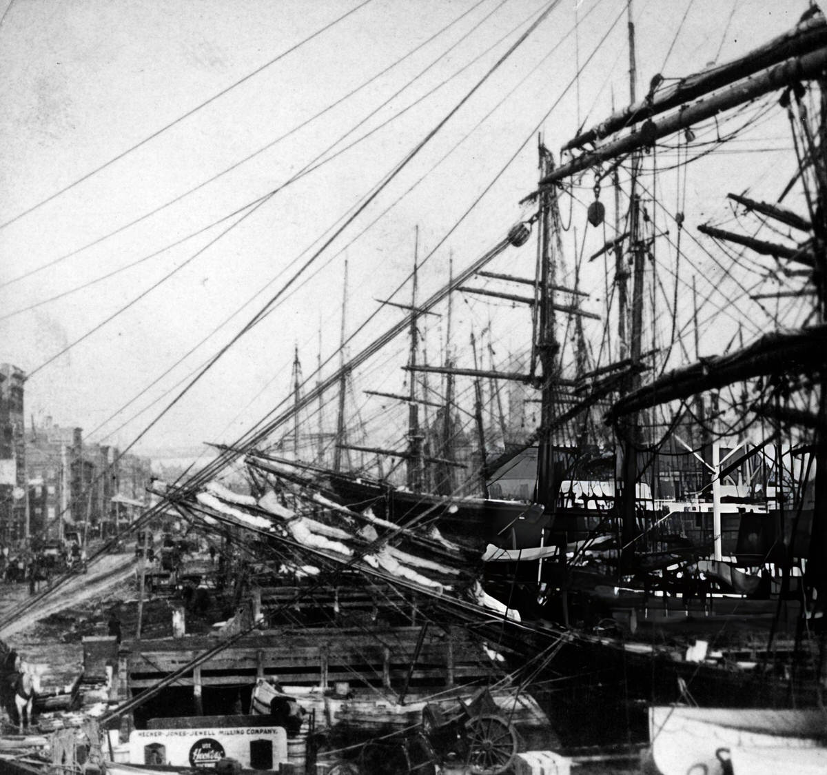 Sailing Ships Berthed At South Street Harbor, New York, 1870.