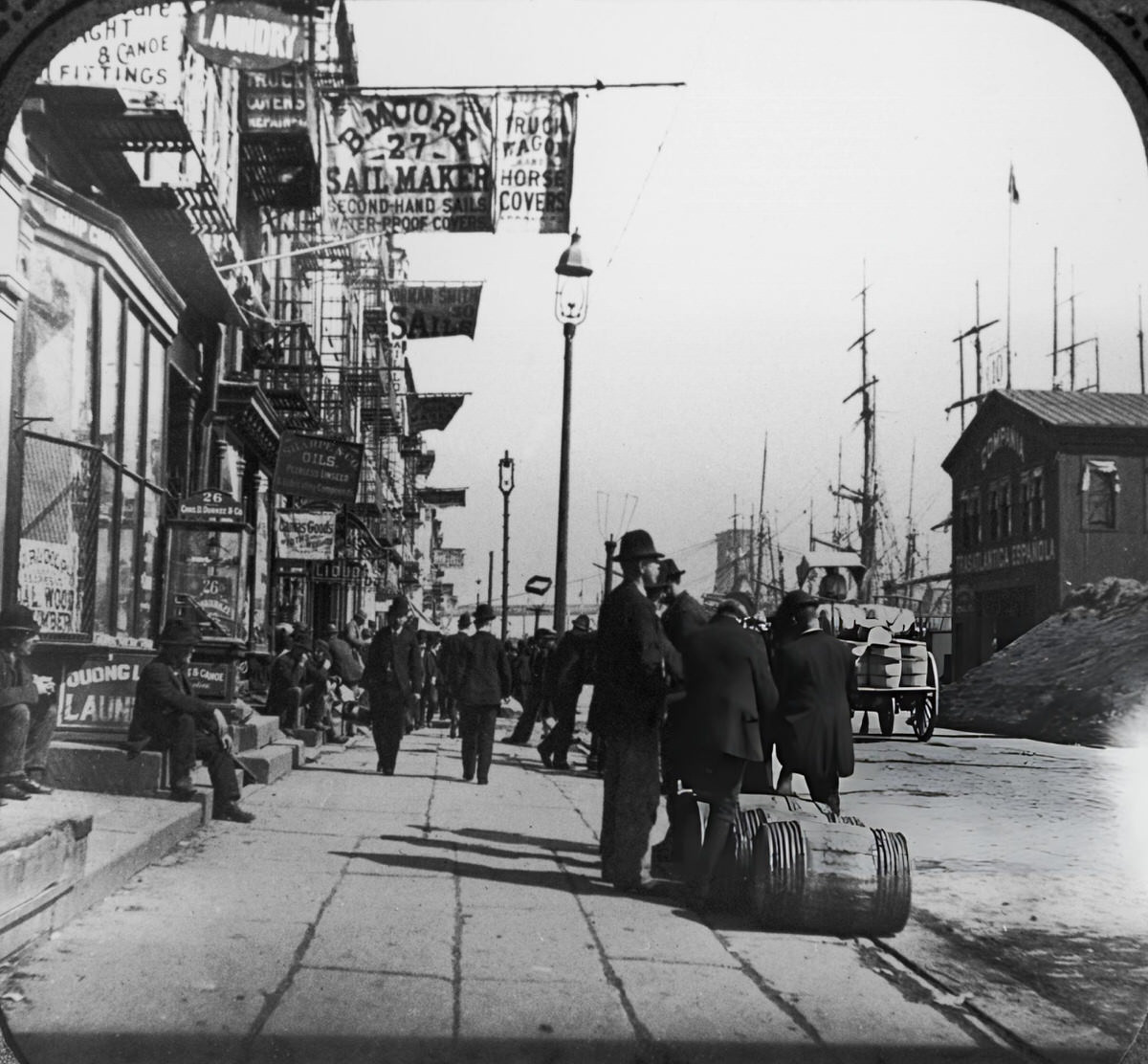 Pedestrians Walking Along South Street Near The Docks, New York, 1890.