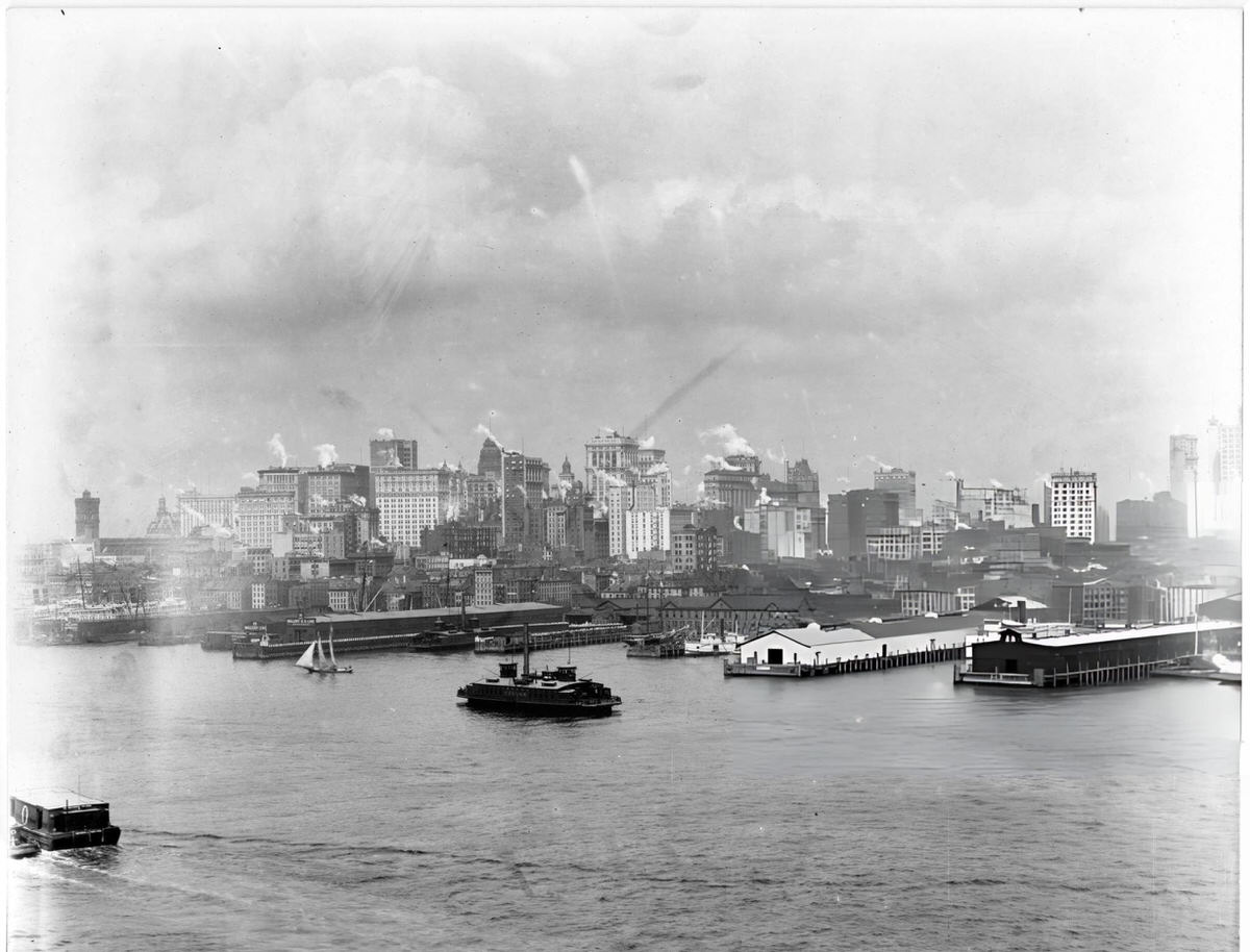 Lower Manhattan Skyline South Of The Brooklyn Bridge From South Street To The Docks, New York, 1895.