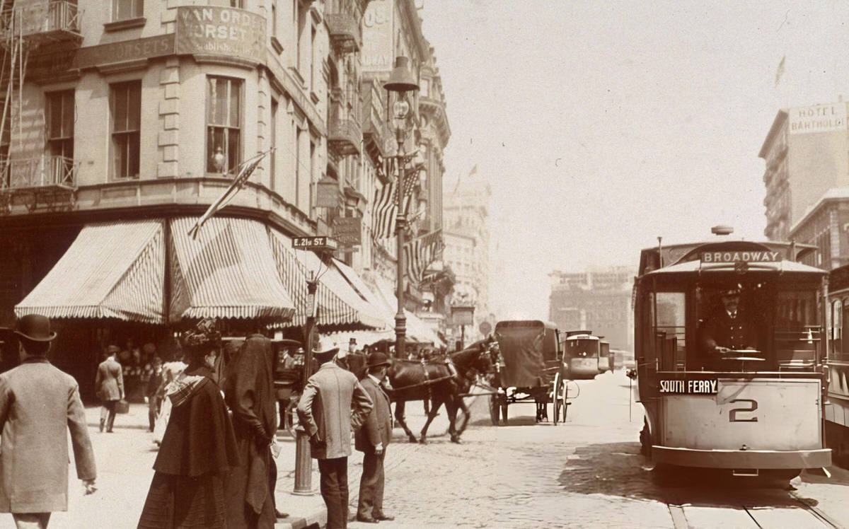 Pedestrians, Trolleys, And Horse-Drawn Carriages On Broadway Looking North From 21St Street, New York, 1895.