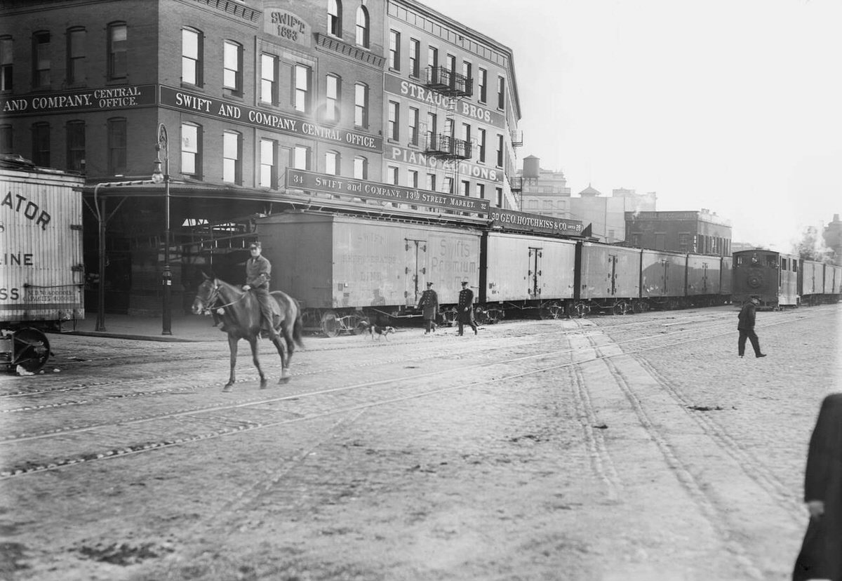 Train On Tracks At Eleventh Avenue And 28Th Street, New York, 1900.