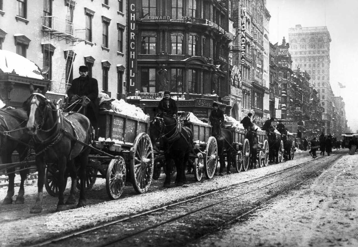 Horse-Drawn Wagons Hauling Snow, New York, 1907.