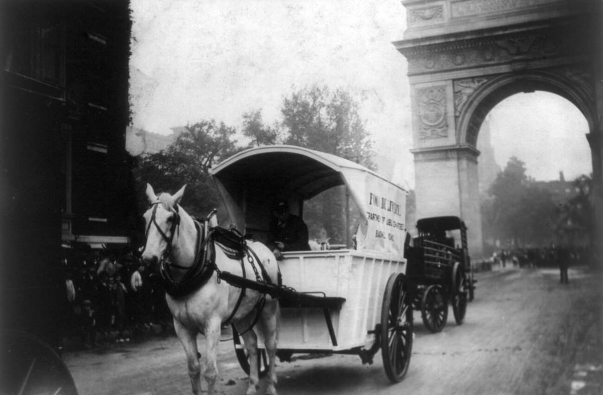 Horse And Delivery Wagon, New York, 1908.