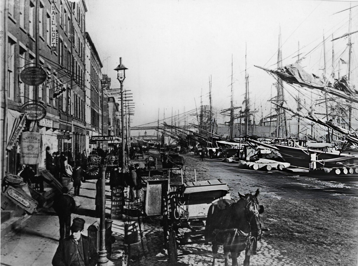 Horse On A Cobblestone Street Near Sailing Ships And The Brooklyn Bridge At South Street Seaport, New York, 1883.