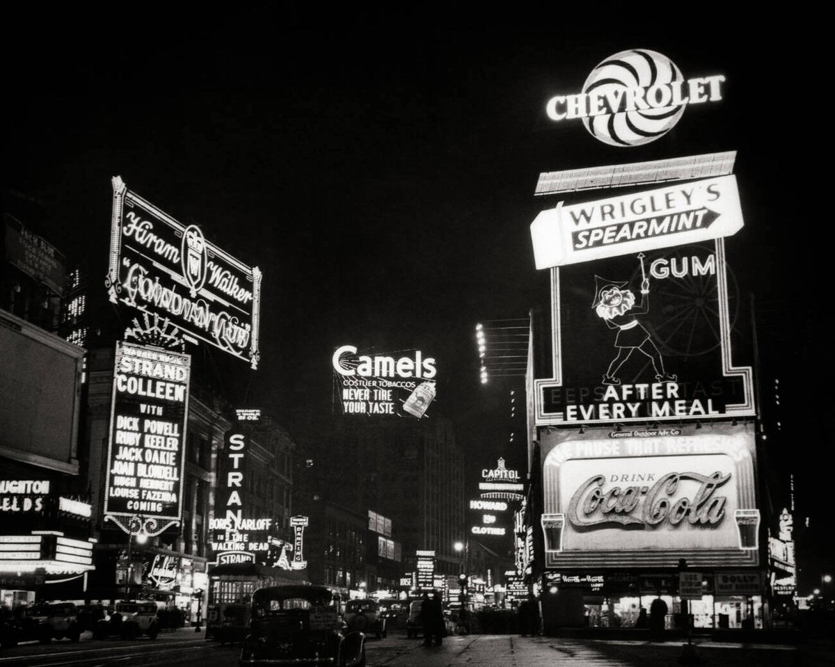 Times Square At 47Th Street With Neon Signs And Marquees On The Great White Way, New York, 1936.