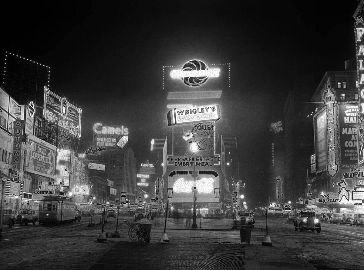 Times Square Illuminated At Night, The Great White Way, New York, 1935.