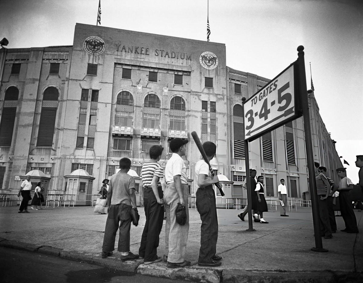 Four Boys Outside Yankee Stadium To Pay Respects To Babe Ruth, New York, 1948.