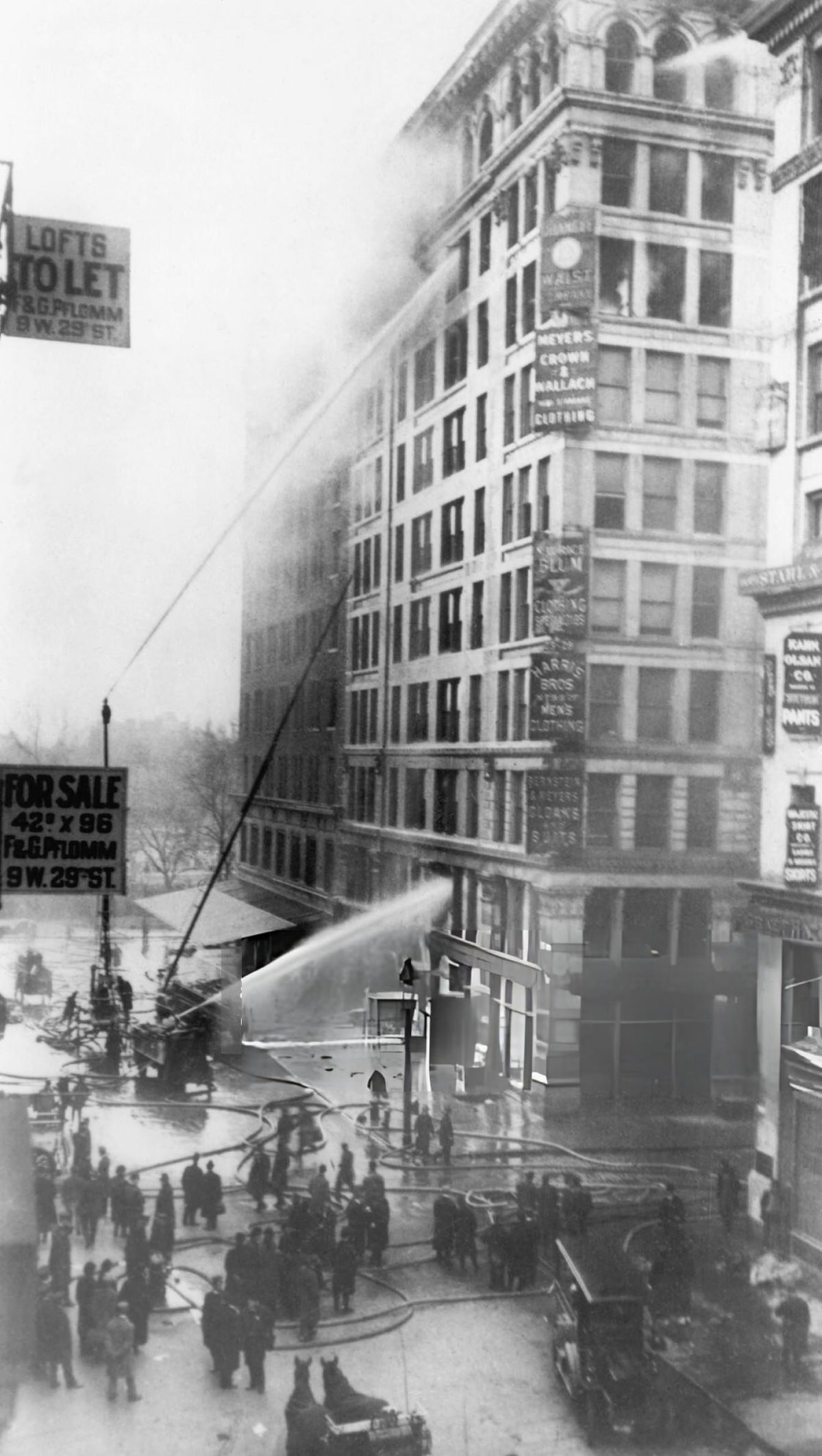 Firefighters Attempting To Extinguish The Catastrophic Fire At The Triangle Shirtwaist Factory, New York, 1911.