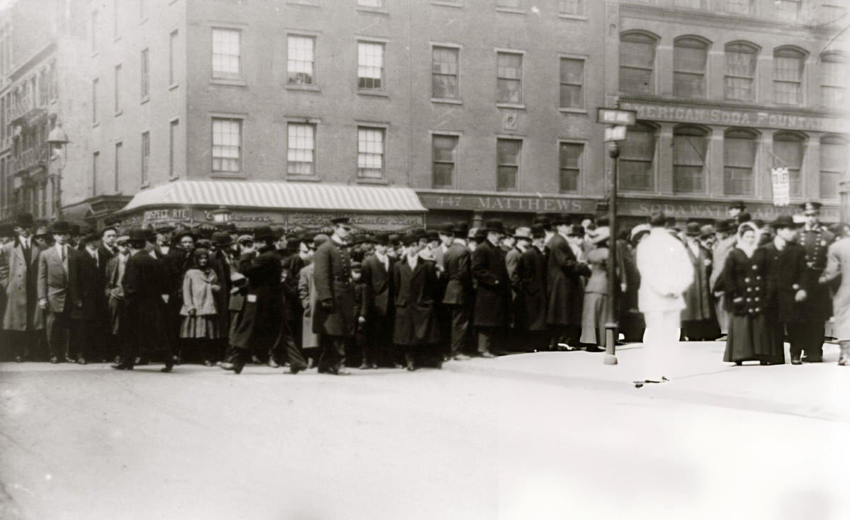 Crowds Gathered At The 26Th Street Pier Temporary Morgue To Identify Victims Of The Triangle Shirtwaist Factory Fire, New York, 1911.