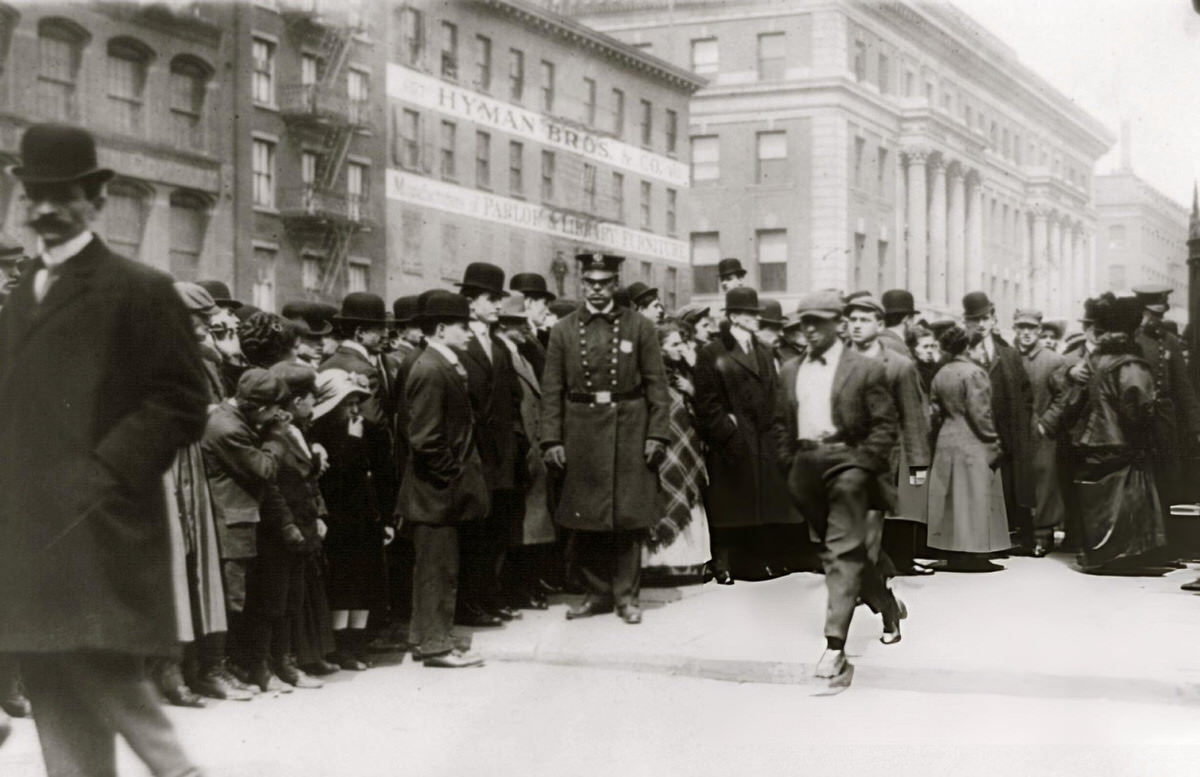 Crowds At The 26Th Street Pier Temporary Morgue Identifying Victims Of The Triangle Shirtwaist Factory Fire, New York, 1911.