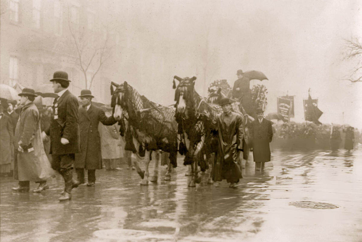 Horse-Drawn Carriage Bearing Coffins Of Unidentified Victims During A Funeral Procession For The Triangle Shirtwaist Company Fire, New York, 1911.
