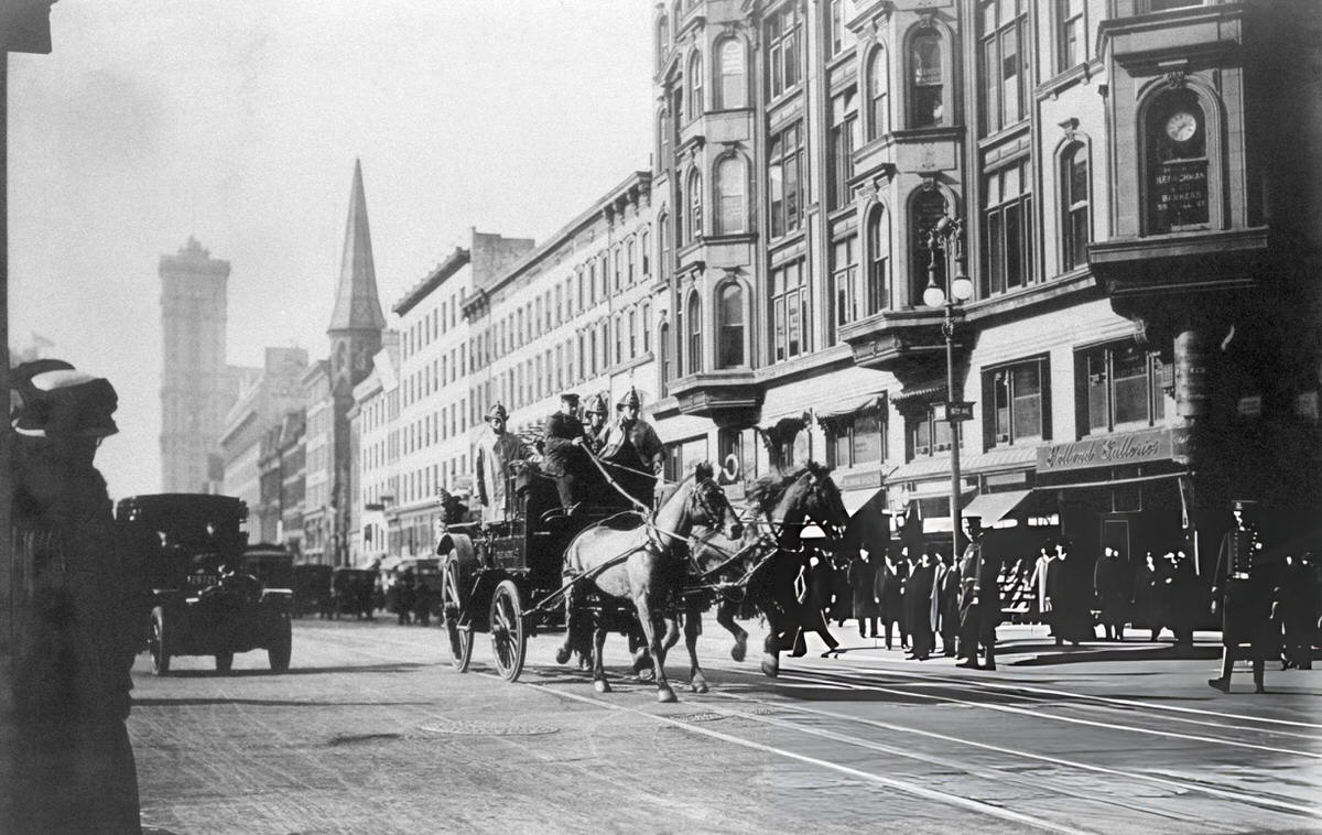 Horse-Drawn Fire Engines Responding To The Triangle Shirtwaist Factory Fire, New York, 1911.