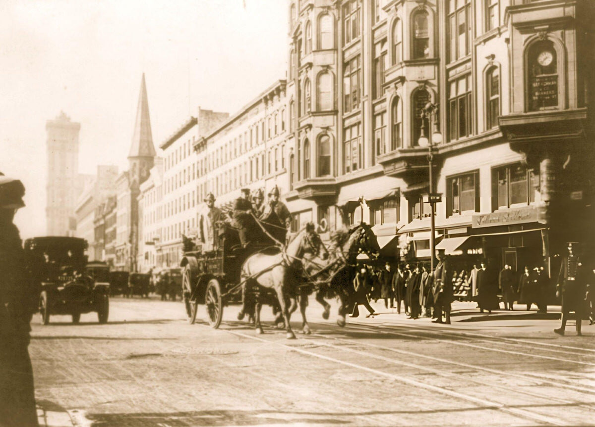 Horse-Drawn Fire Engines Rushing To The Triangle Shirtwaist Factory Fire, 1911.