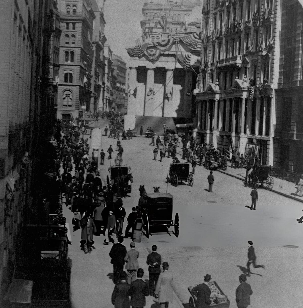 Crowd At The Intersection Of Broad And Wall Streets, New York, 1892.