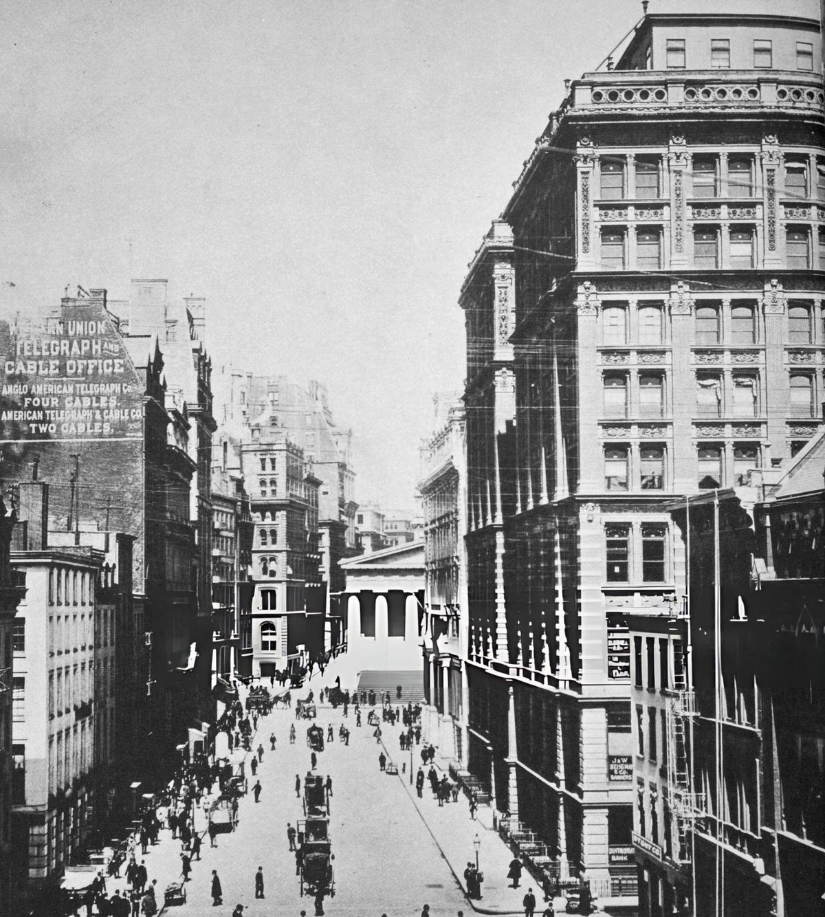 Broad Street Looking Toward Wall Street And Federal Hall, New York, 1893.