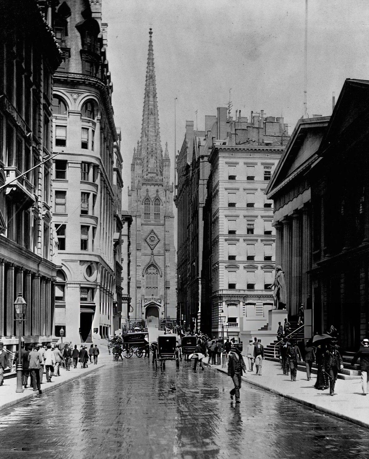 Carriages On Wall Street Toward Trinity Church, New York, 1894.