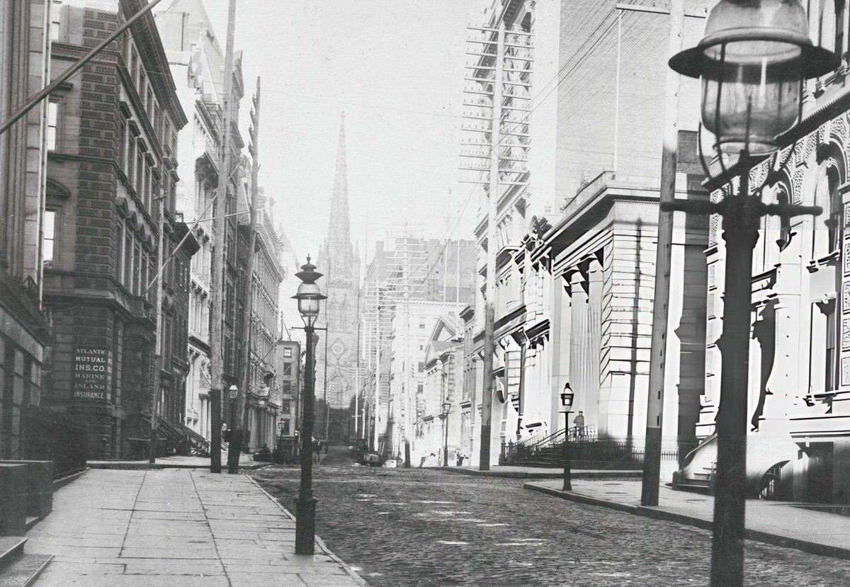 Wall Street Looking West From William Street Toward Trinity Church, 1882.