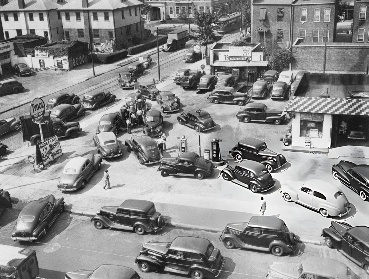 Motorists Congregating Around A Single Operating Pump At Rogers Avenue And Empire Boulevard, Brooklyn, 1943.