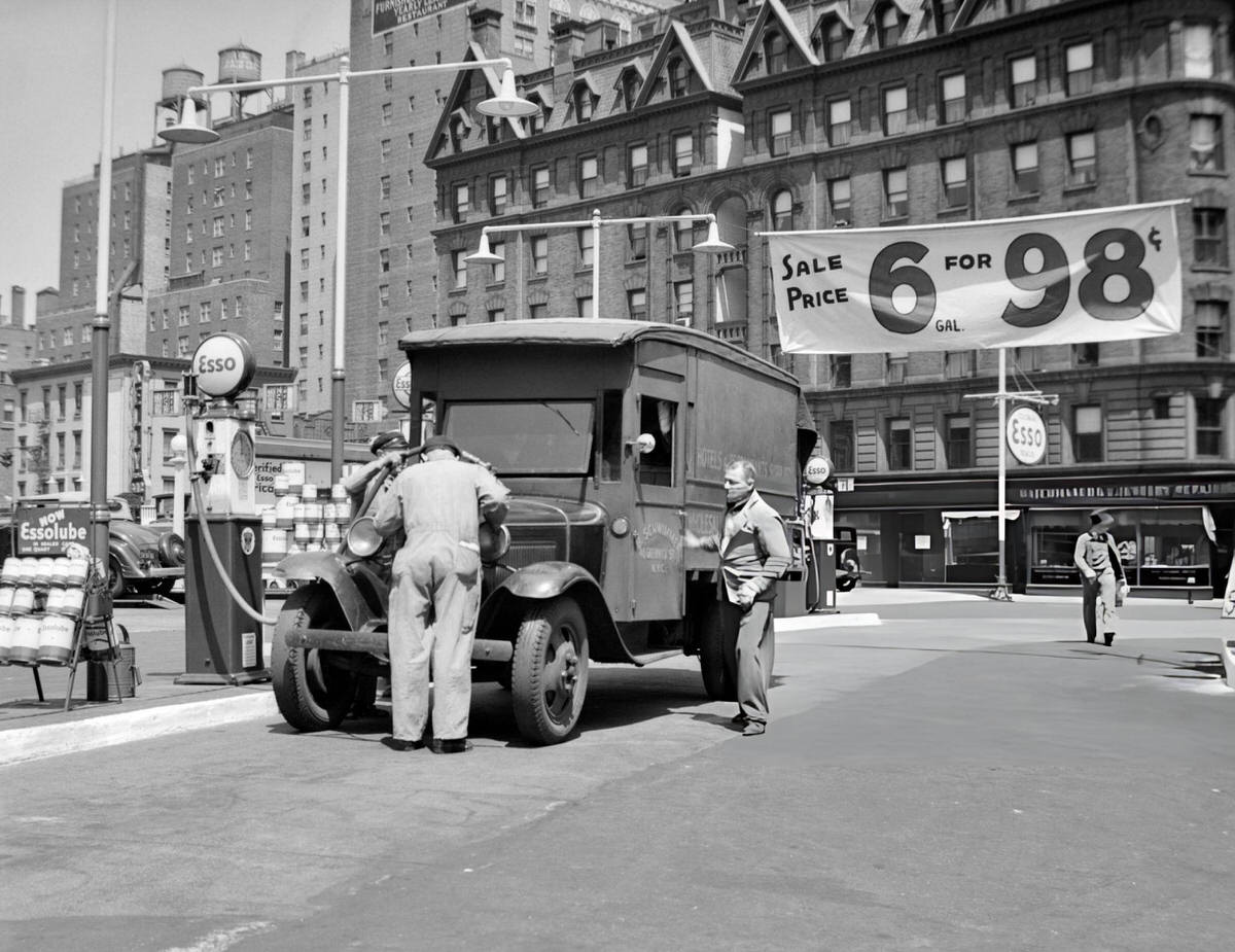 Truck Refueling At An Esso Gas Station At Broadway And 68Th Street, New York, 1930S.
